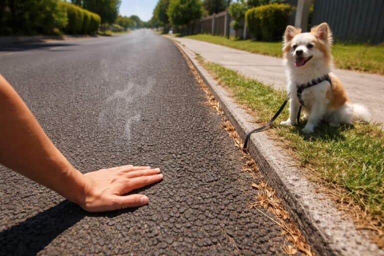 Person Testing Hot Pavement With Back Of Hand While Their Small Dog Waits On The Grass