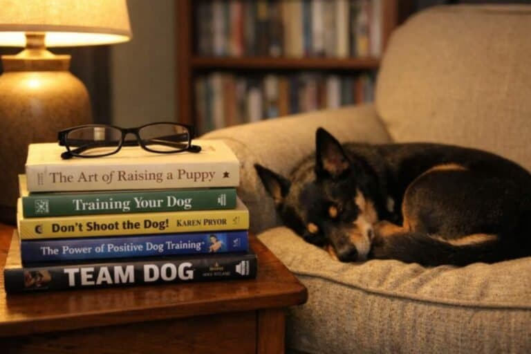 Stack Of Dog Training Books On A Side Table With A Kelpie Sleeping
