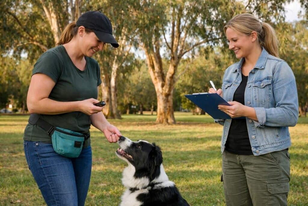 Two Professionals Working With A Dog In A Park Behaviour