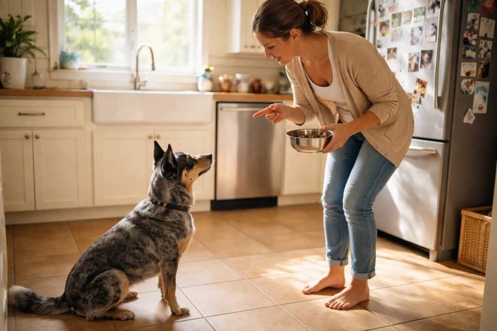 Woman Asking Her Dog To Sit Before Placing A Food Bowl Down