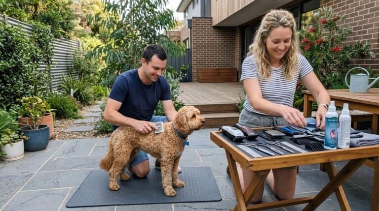 Couple grooming Cavoodle at home