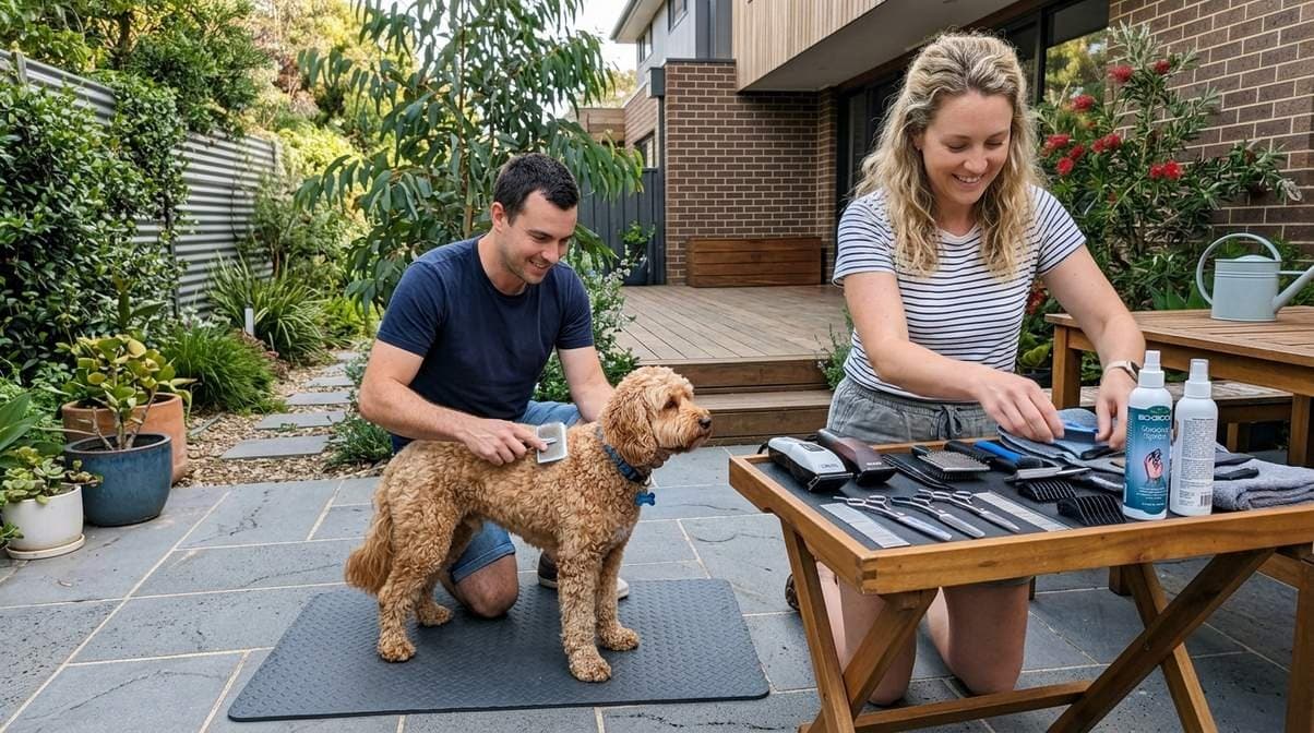 Couple grooming Cavoodle at home