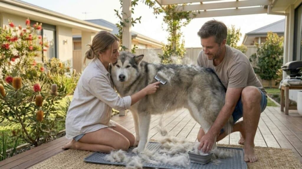 Couple Grooming Their Dog At Home