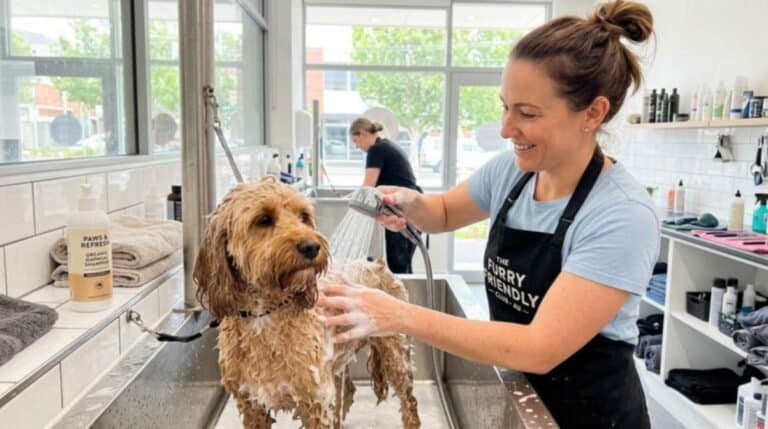 How to Get Rid of Dog Gland Smell 1 Dog Groomer Bathing Dog