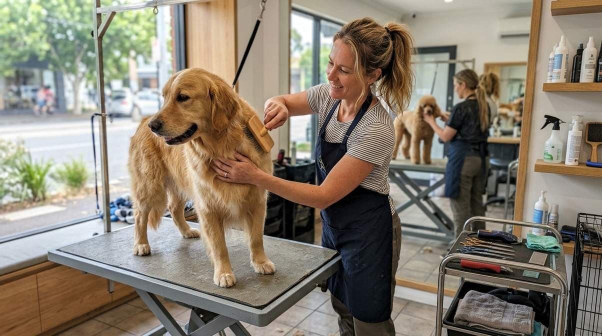 Dog Groomer Brushing Dog