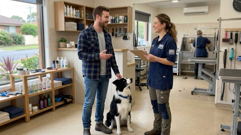 Dog Owner Speaking With Groomer