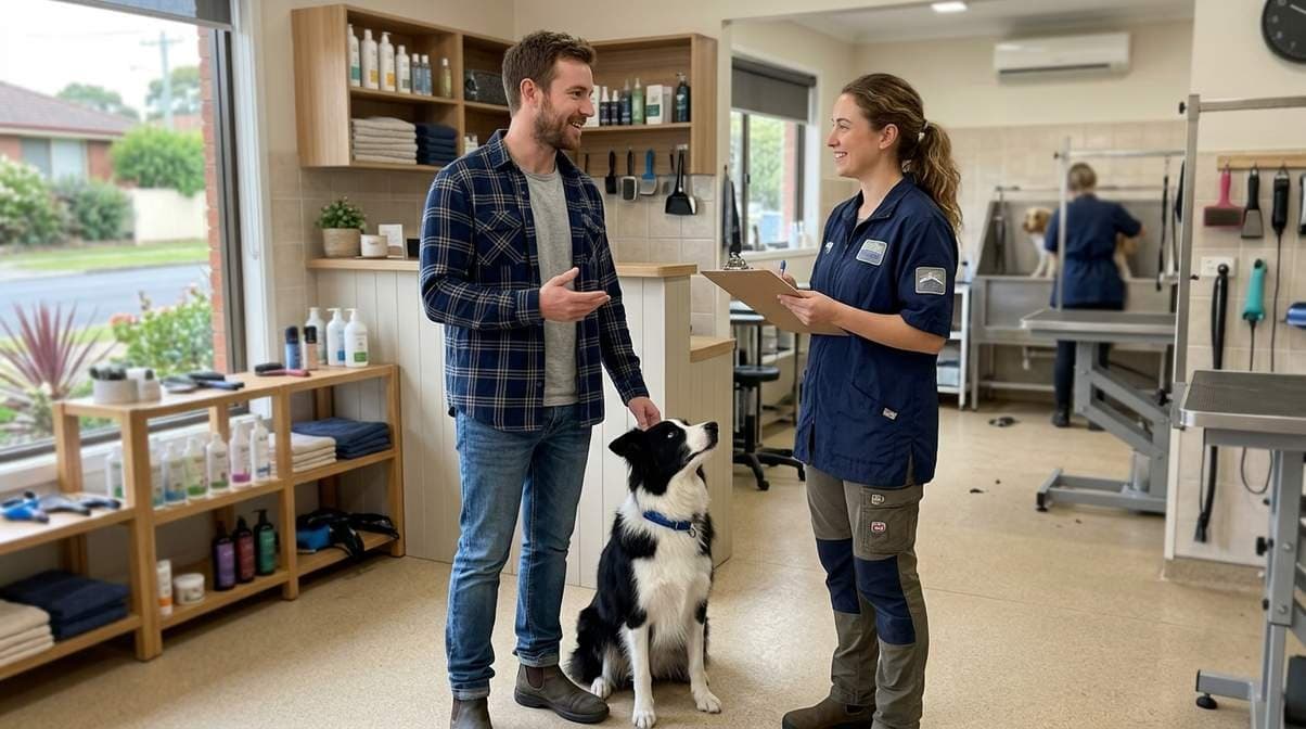 Dog Owner Speaking With Groomer