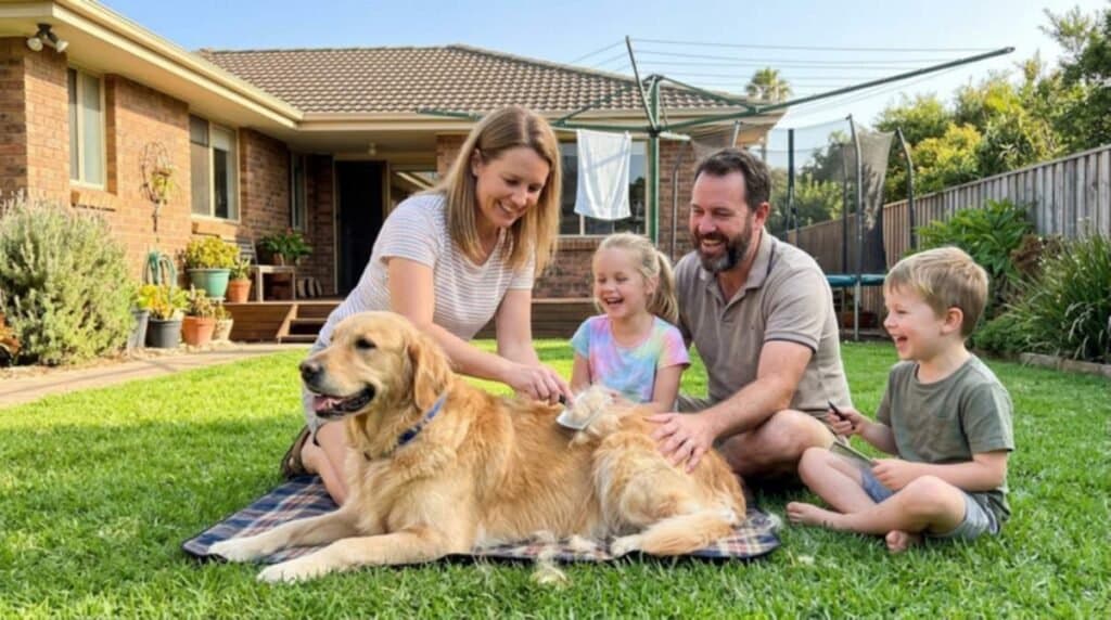 Family Brushing Dog