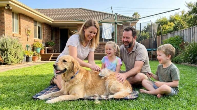 Family Brushing Dog