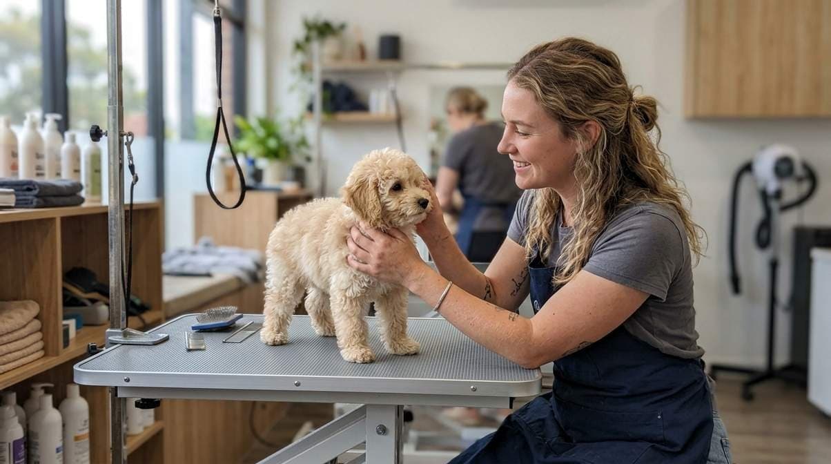 Groomer Introducing Puppy To Calm On Table