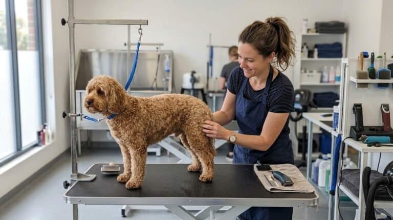 Groomer Preparing Dog For Hair Trimming