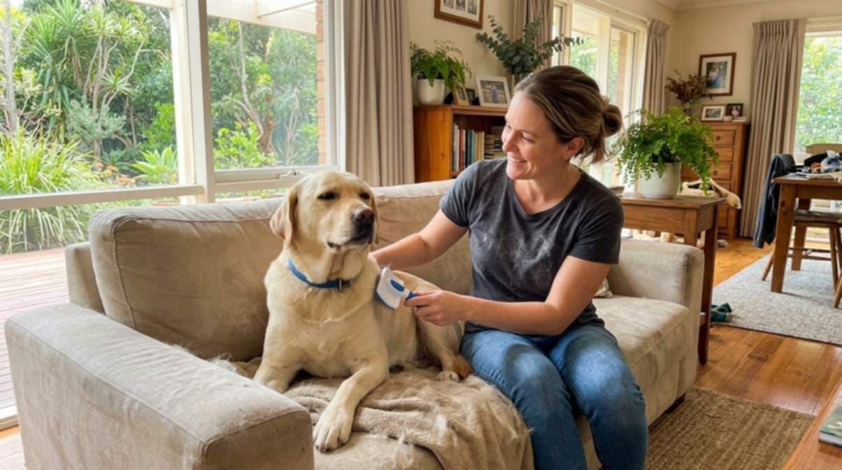 Lady Brushing Her Dog On Sofa