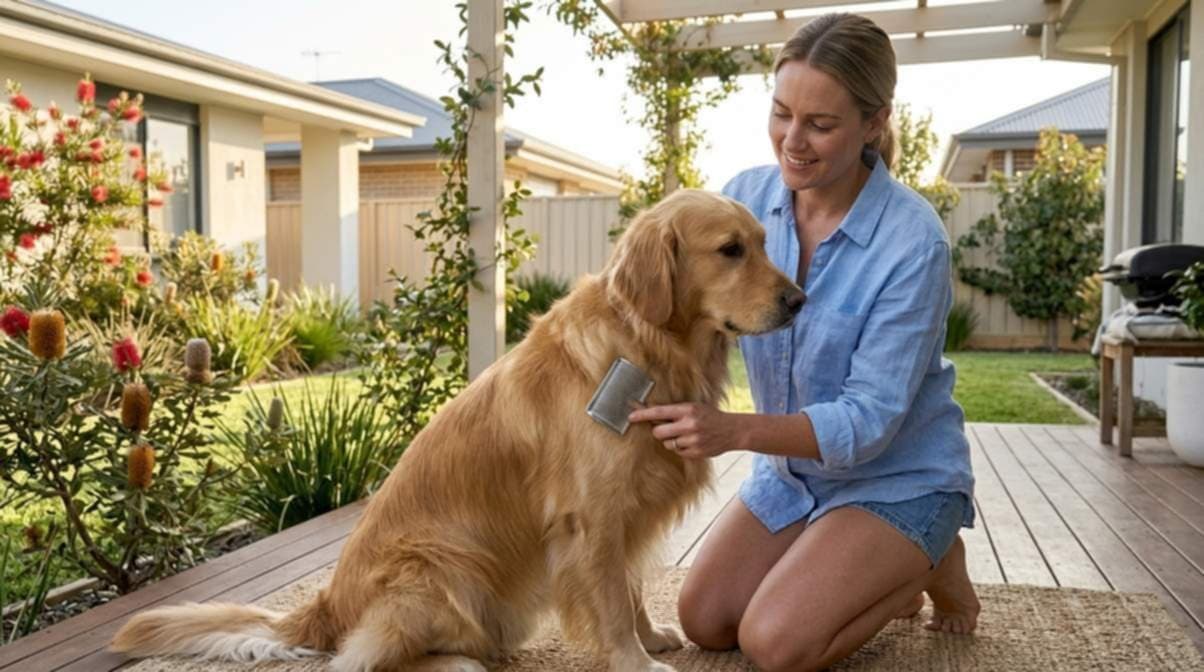 Lady Grooming Her Dog At Backyard