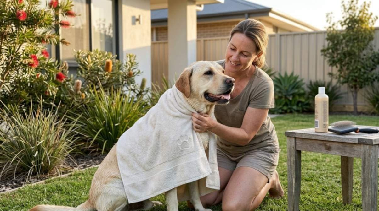 Lady Grooming Her Dog