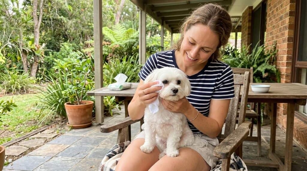 Lady Wiping Dogs Eyes