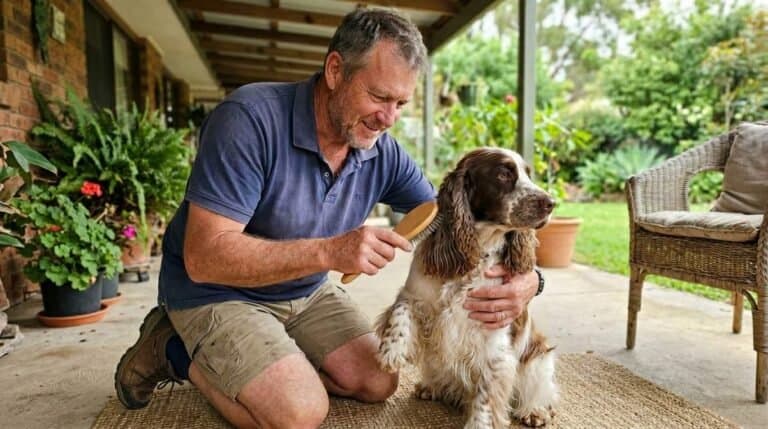 Cocker Spaniel Grooming: Coat Care & Haircut Guide 1 Man Brushing Dog Coat