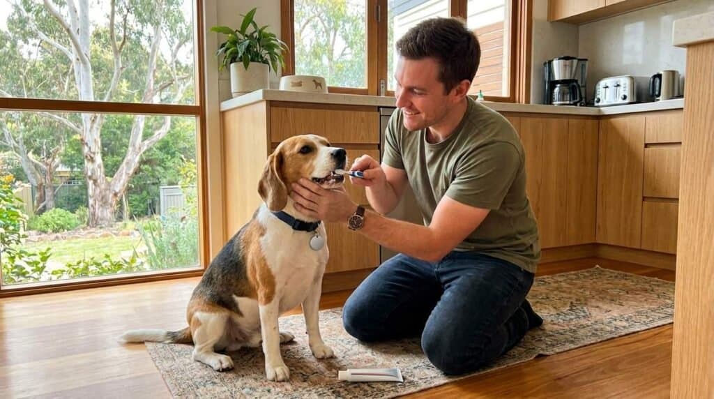 Man Brushing Dog Teeth