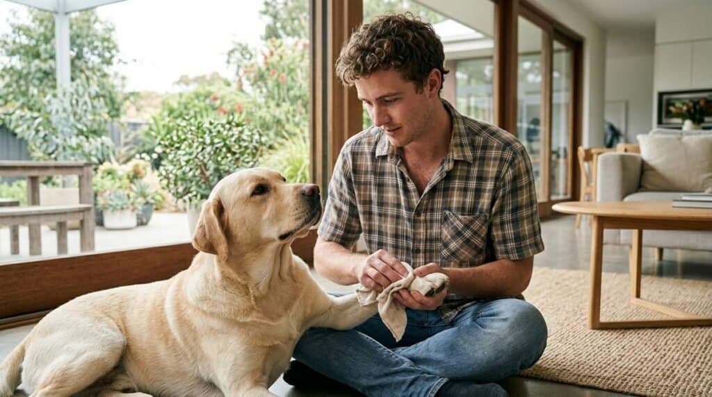 Man Cleaning Dog Paw