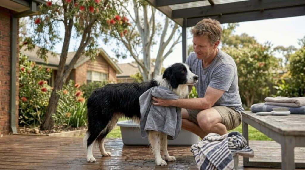 Man Drying His Dog With Towel