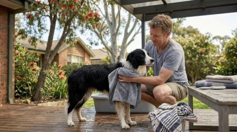 Man Drying His Dog With Towel
