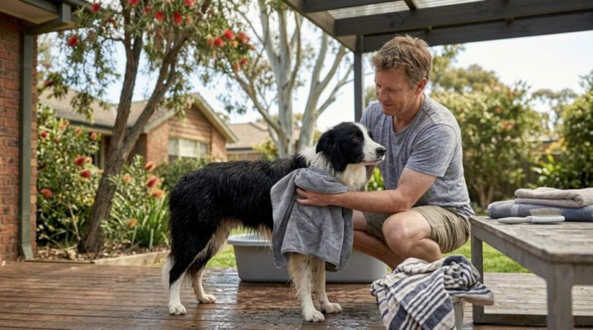 Man Drying His Dog With Towel