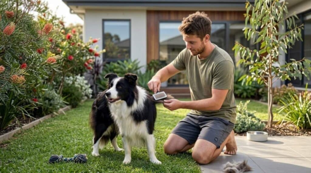 Man Grooming His Dog Cota At Backyard