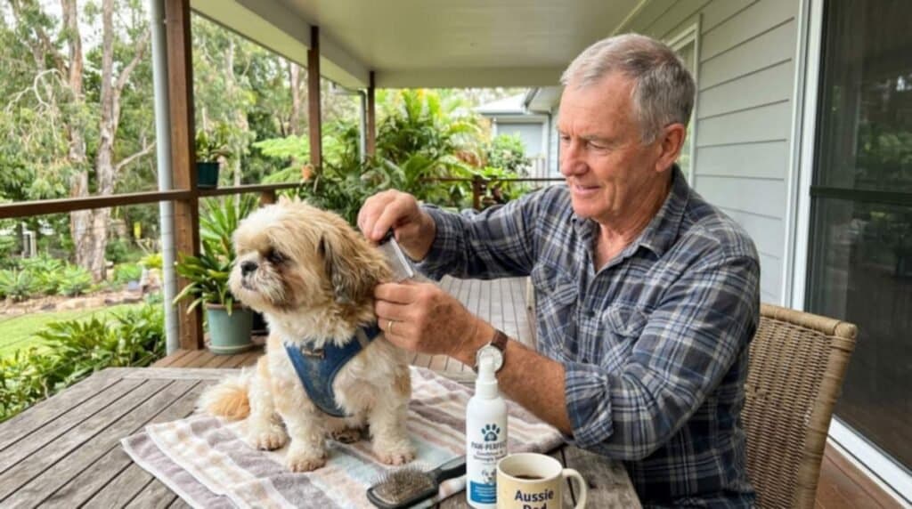 Man Grooming Shih Tzu Coat
