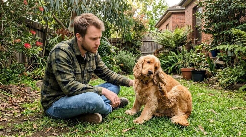 Home 1 Man Observing Dog Scratching Ears