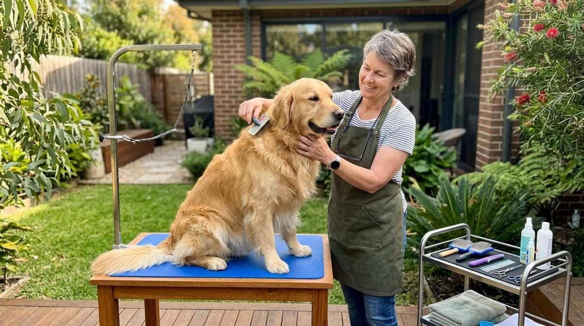 Owner Brushing Her Dog Coat