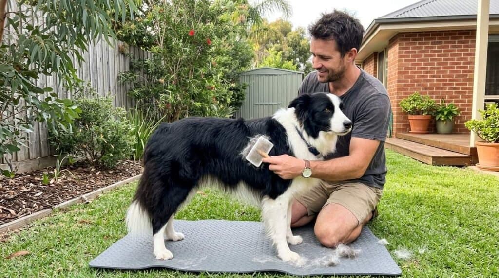 Owner Brushing His Border Collie Dog