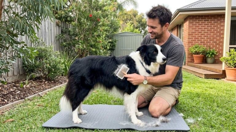 Owner Brushing His Border Collie Dog