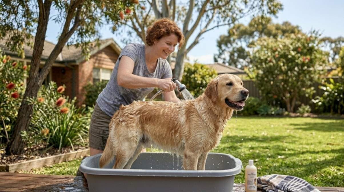 Owner Givining Bath To Dog