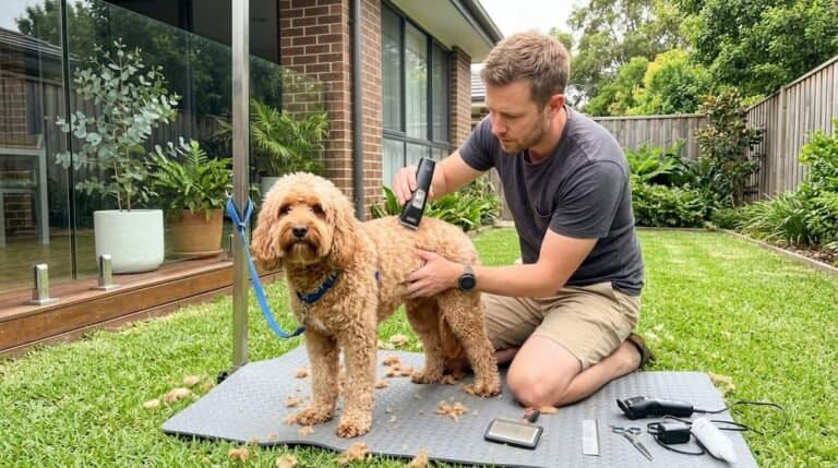 Owner Grooming Cavoodle In Backyard