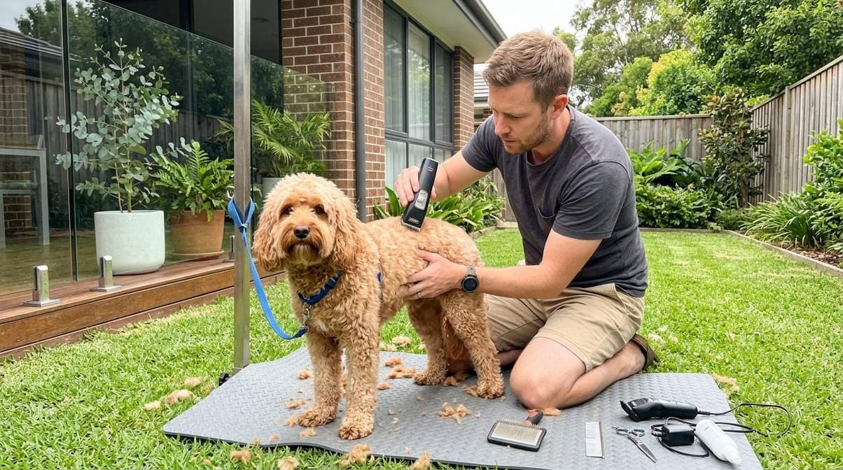 Owner Grooming Cavoodle In Backyard
