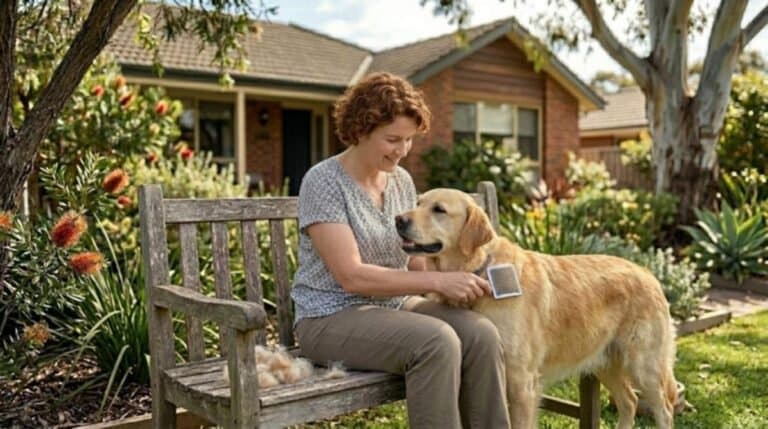 Owner Grooming Her Dog Sitting On Bench