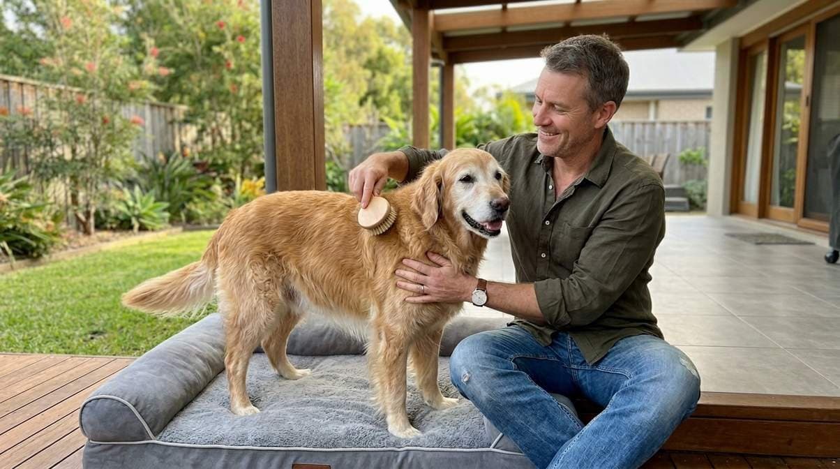 Owner Grooming His Golden Retriever