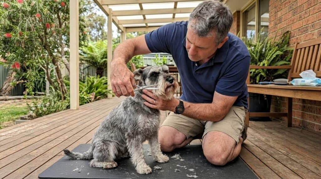 Owner Grooming Miniature Schnauzer At Home