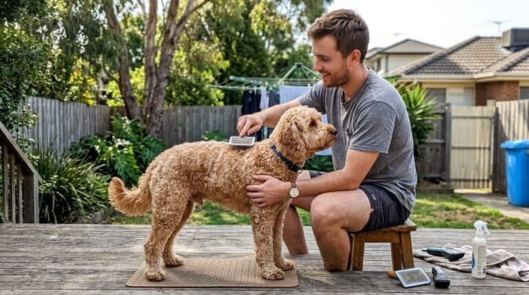 Owner Grooming Spoodle Dog