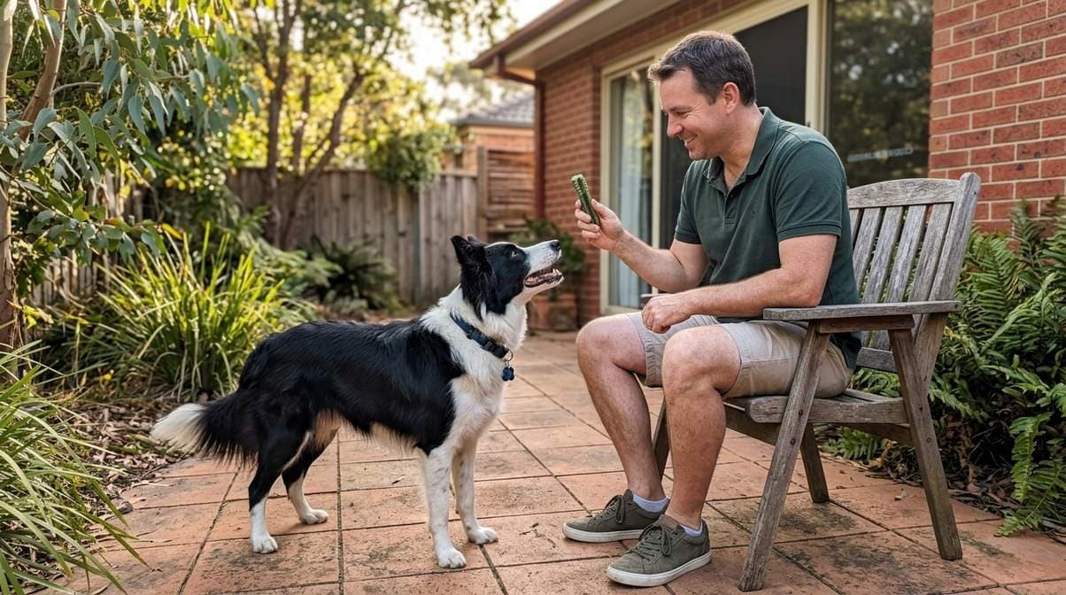 Owner Holding Chew In Front Of Dog