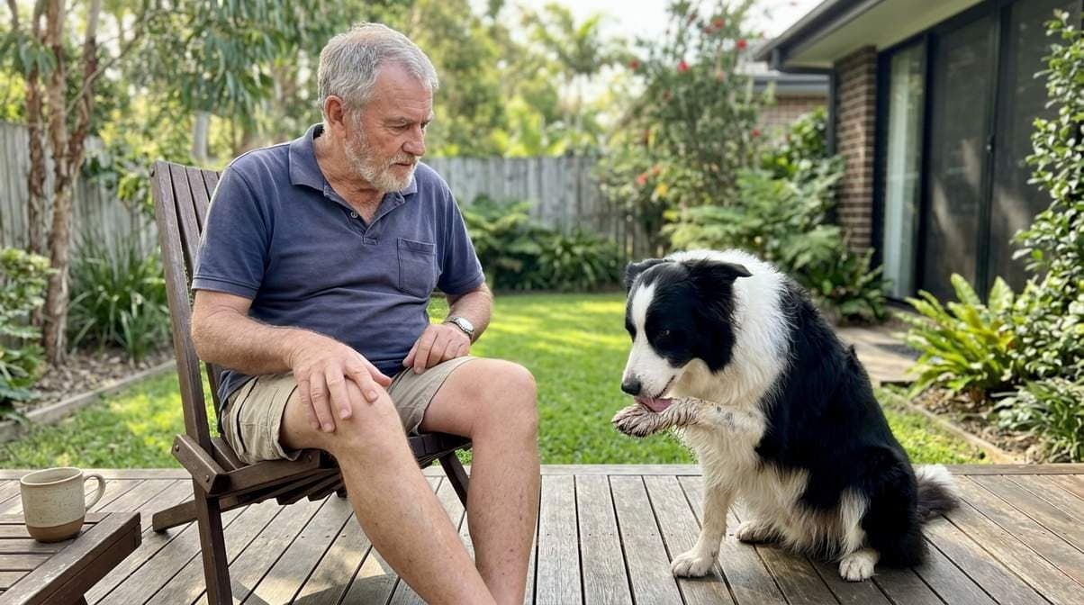 Owner Watching Dog Licking His Paw