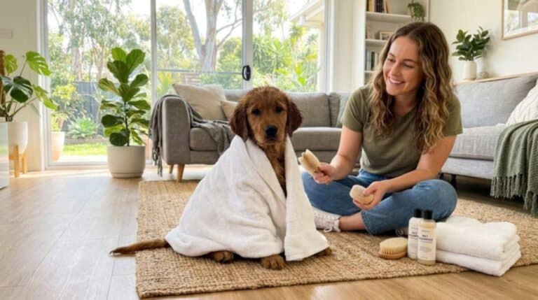 Puppy Wrapped In Towel After