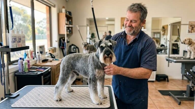 Schnauzer With Groomer Salon