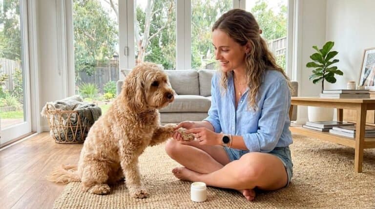 Woman Applying Balm To Dog Paw