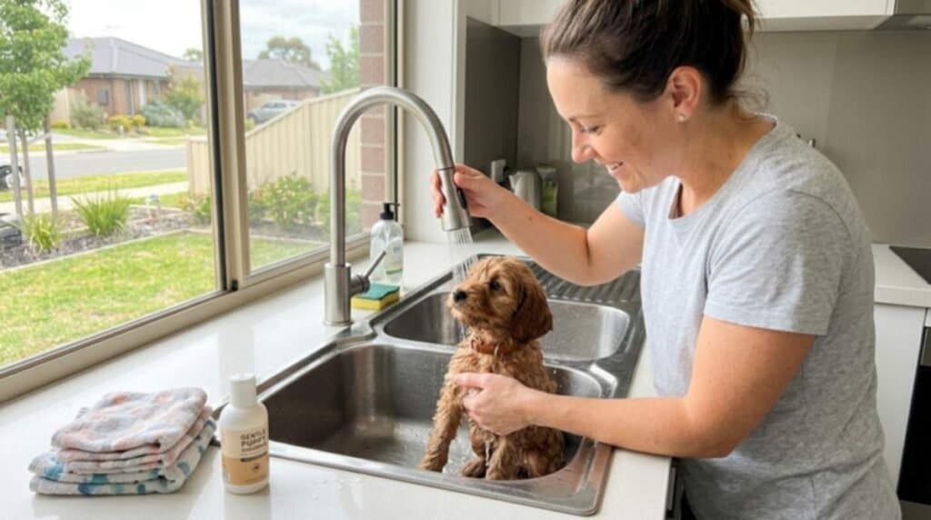 Woman Bathing Puppy