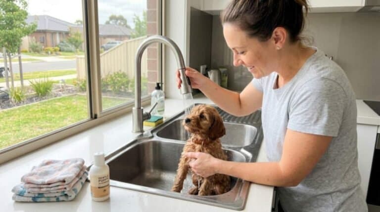 How to Wash a Puppy Safely (First Bath Guide) 1 Woman Bathing Puppy