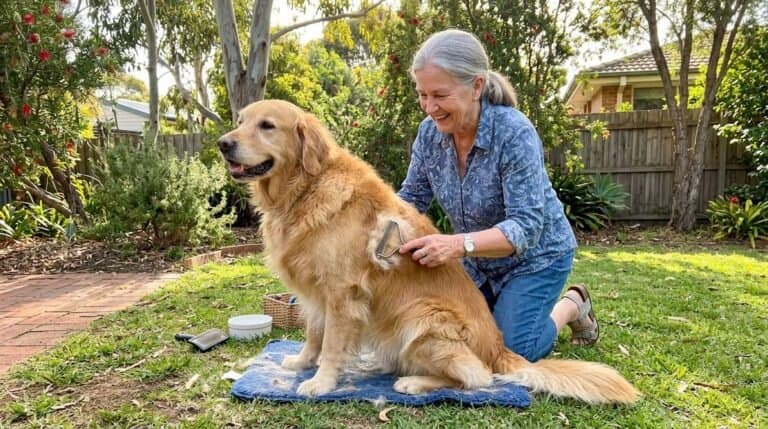 Woman Brushig Golden Retriever Coat