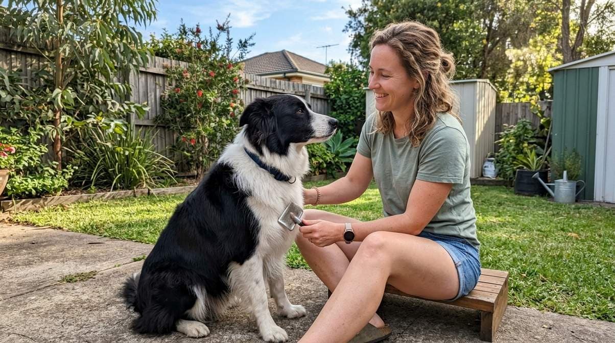 Woman Brushing Border Collie Coat