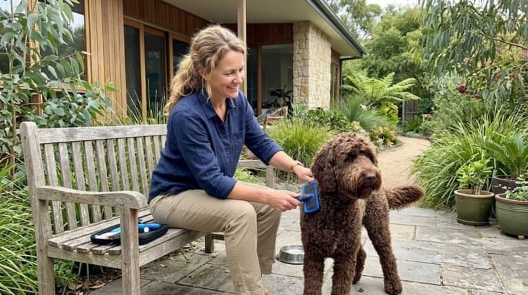 Woman Brushing Labradoodle