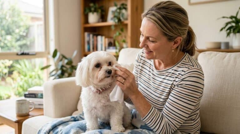 How to Remove Dog Tear Stains (Without Harsh Chemicals) 1 Woman Cleaning Dogs Under Eyes