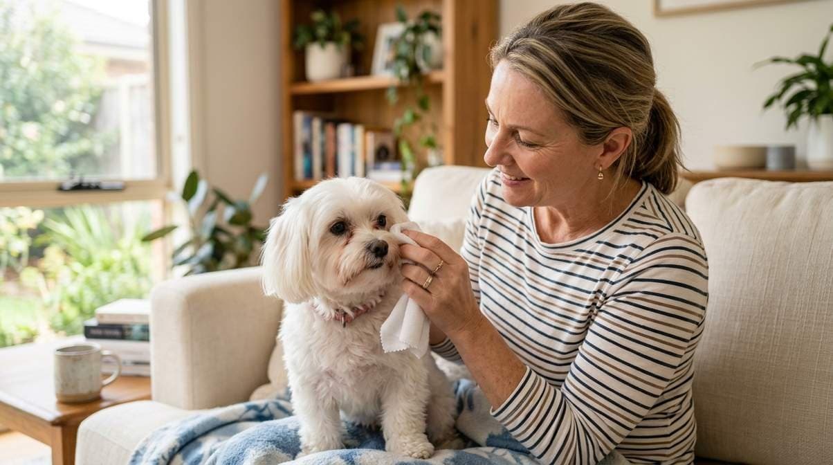 Woman Cleaning Dogs Under Eyes